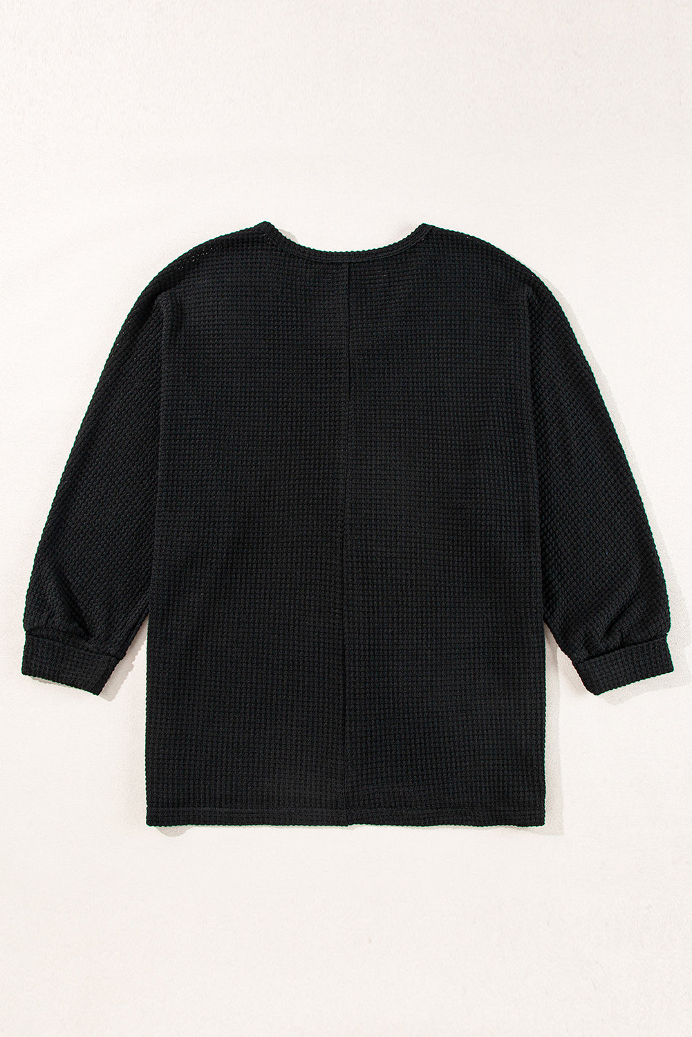 Black Waffle Knit Side Slits Loose Fit V Neck Top Long Sleeve Tops JT's Designer Fashion