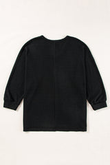 Black Waffle Knit Side Slits Loose Fit V Neck Top Long Sleeve Tops JT's Designer Fashion