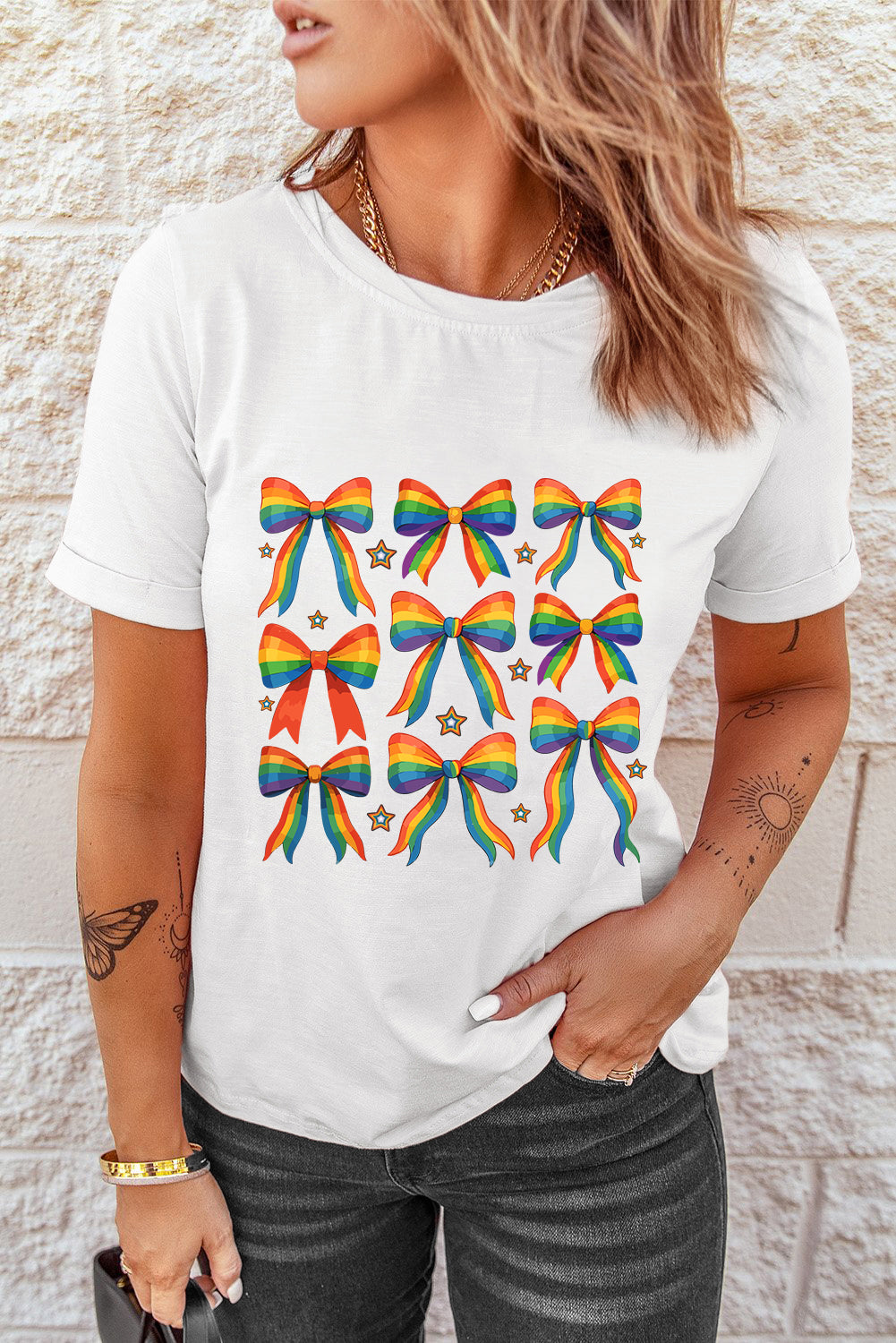 White Pride Bow Starry Print Cotton Blend T Shirt Graphic Tees JT's Designer Fashion