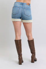 Judy Blue Full Size Hw Tummy Control Shearling Cuff Denim Shorts Plus Size Denim Shorts JT's Designer Fashion