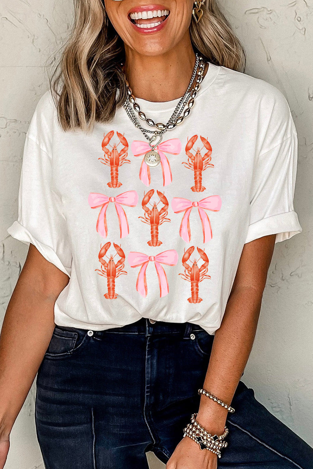 White Crawfish Bow Printed Summer T Shirt Graphic Tees JT's Designer Fashion