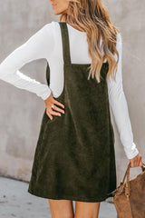 Vineyard Green Solid Front Pockets Sleeveless Corduroy Overall Dress Mini Dresses JT's Designer Fashion
