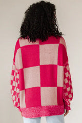 Rose Red Mixed Checkered Pattern Drop Shoulder Loose Sweater Sweaters JT's Designer Fashion