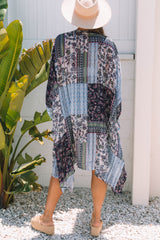 Blue Retro Floral Print Long Loose Open Front Kimono Kimonos JT's Designer Fashion