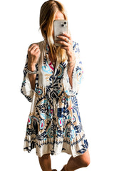 White Printed Tribal Bracelet Sleeve Buttoned Mini Dress Mini Dresses JT's Designer Fashion