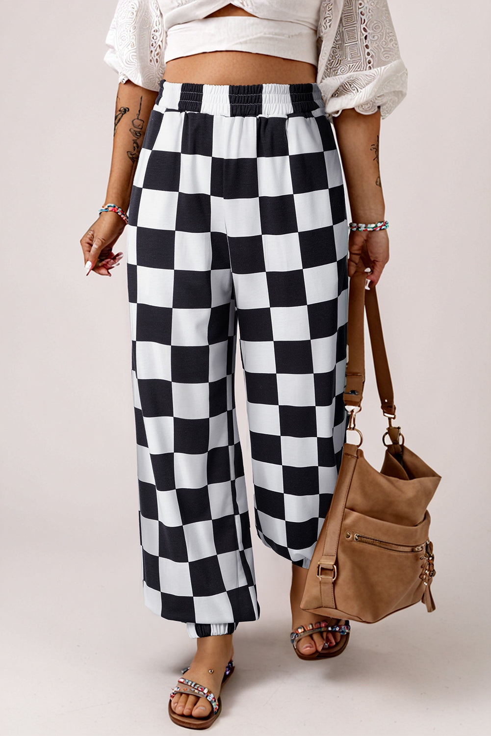 Black Checkerboard Elastic Waist Pocketed Joggers Pants & Culotte JT's Designer Fashion