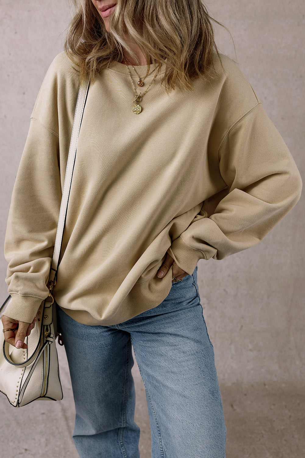 Parchment Solid Loose Crew Neck Fleece Sweatshirt Sweatshirts & Hoodies JT's Designer Fashion