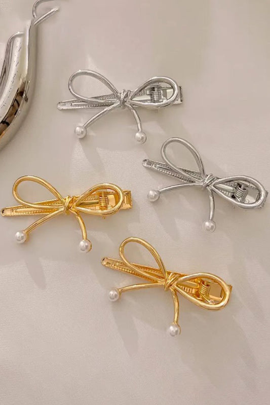 Gold Bow Knot Pearl Decor Plated Alloy Hair Clip Headwear JT's Designer Fashion