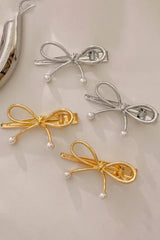 Gold Bow Knot Pearl Decor Plated Alloy Hair Clip Headwear JT's Designer Fashion