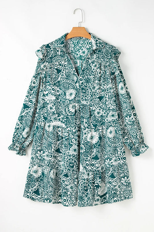 Plus Size Ruffled Printed Flounce Sleeve Dress Mini Dresses JT's Designer Fashion