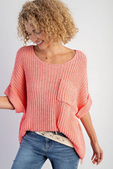 Fresh Salmon Short Sleeve Patched Pocket Split Baggy Knit Top Sweaters & Cardigans JT's Designer Fashion
