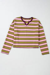 Spinach Green Clashing Stripes Waffle Texture Notched Neck Long Sleeve Top Long Sleeve Tops JT's Designer Fashion