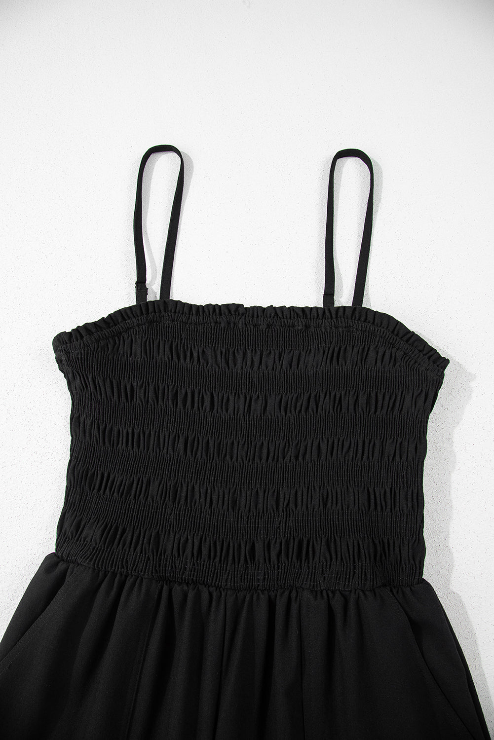 Black Spaghetti Straps Shirred Bodice Pocketed Wide Leg Jumpsuit Jumpsuits & Rompers JT's Designer Fashion