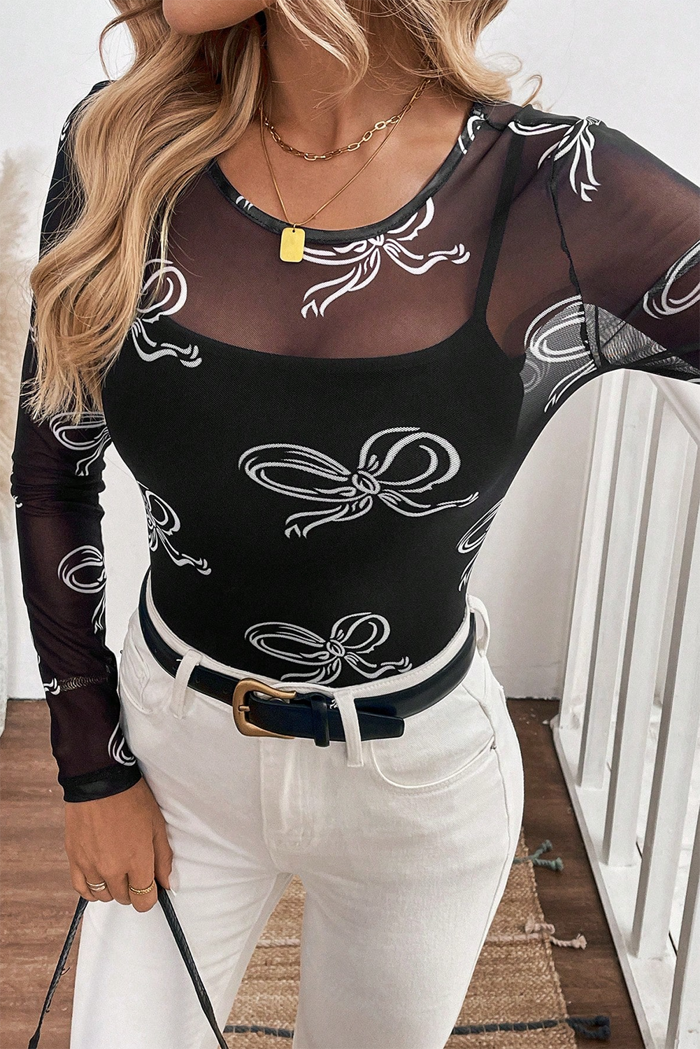 Black Round Neck Bow Print Long Sleeve Mesh Top Long Sleeve Tops JT's Designer Fashion