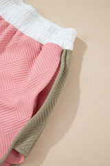 Pink Textured Colorblock Patchwork Tee Two Piece Shorts Set Short Sets JT's Designer Fashion