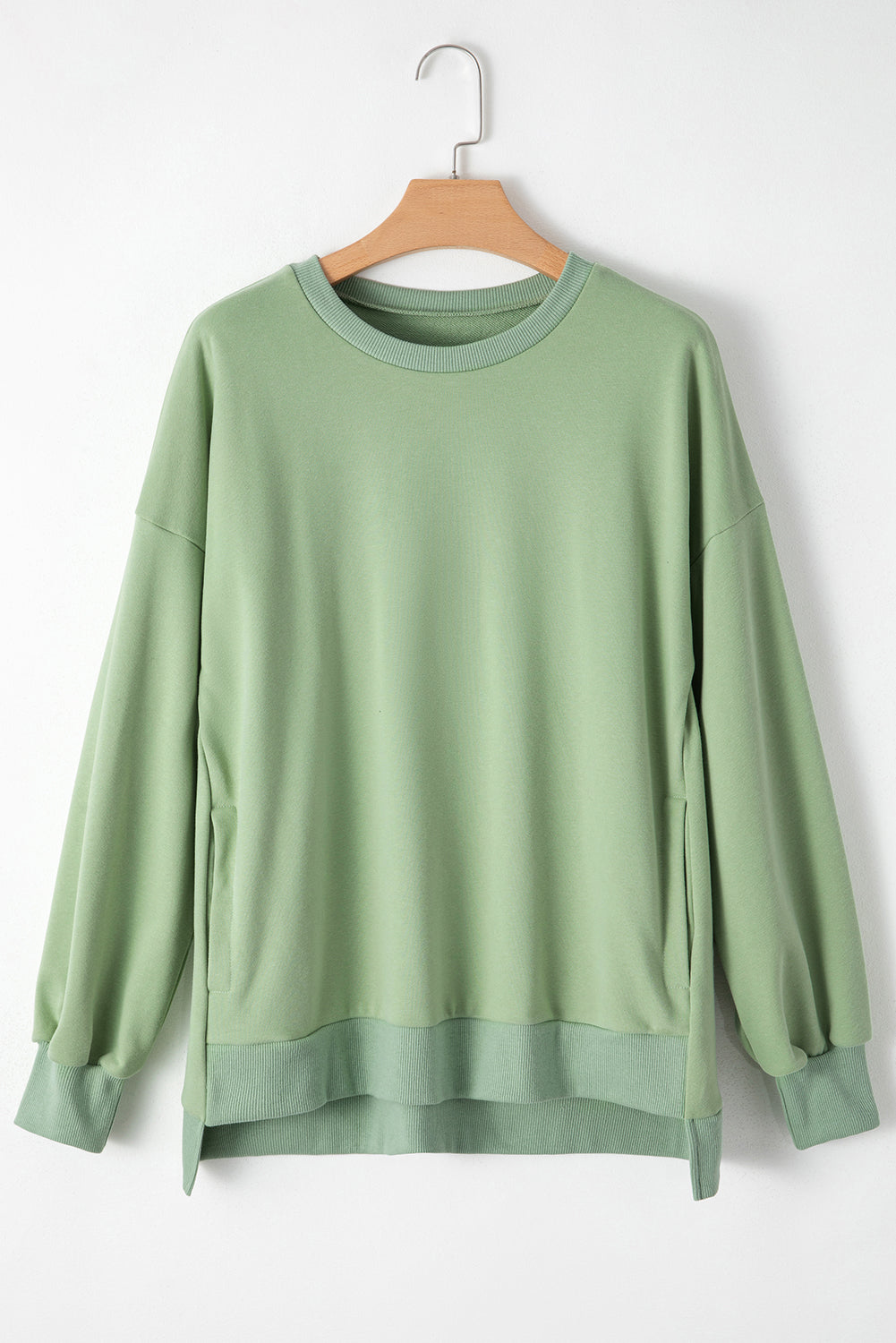 Smoke Green Solid O Neck High Low Hem Pullover Sweatshirt Sweatshirts & Hoodies JT's Designer Fashion