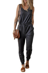Black Casual Tank Style Tie Waist Pocketed Jogger Jumpsuit Jumpsuits & Rompers JT's Designer Fashion