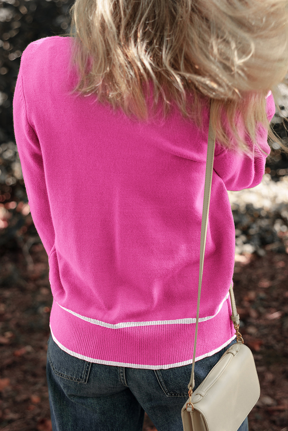 Bright Pink Color Contrast Side Pockets Button V Neck Cardigan Cardigans JT's Designer Fashion