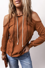 Cinnamon Exposed Seam Cold Shoulder Drawstring Hoodie Sweatshirts & Hoodies JT's Designer Fashion