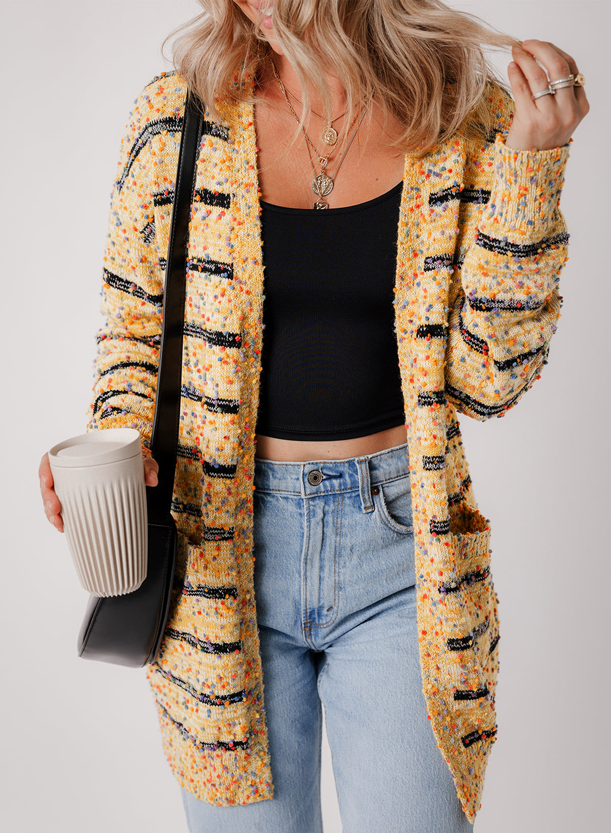 Beige Striped Pom Pom Knit Open Front Long Cardigan Beige 50%Polyester+30%Polyamide+20%Acrylic Cardigans JT's Designer Fashion