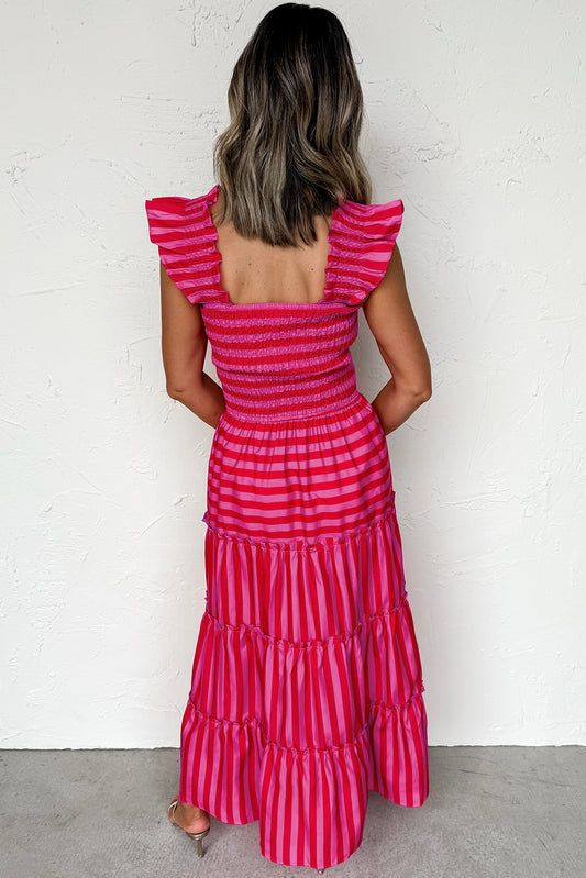 Rose Stripe Flutter Sleeve Smocked Bodice Tiered Maxi Dress Dresses JT's Designer Fashion