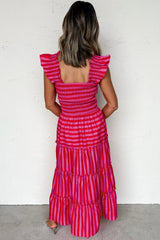 Rose Stripe Flutter Sleeve Smocked Bodice Tiered Maxi Dress Dresses JT's Designer Fashion