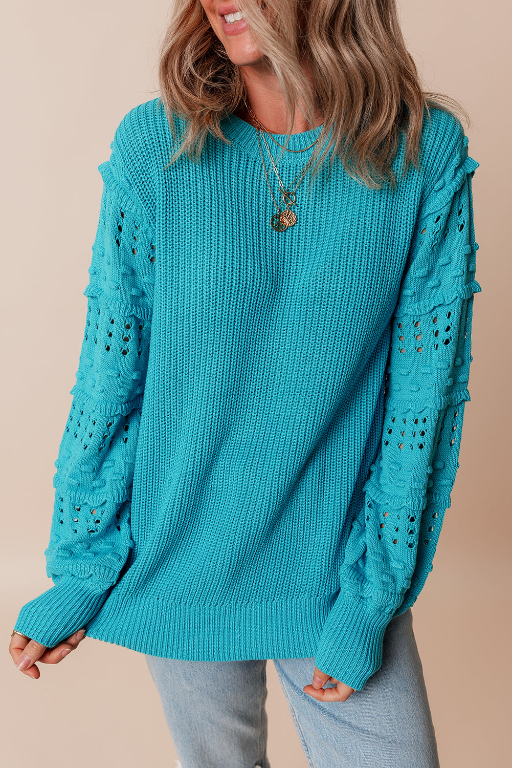 Turquoise Ruffled Eyelet Bubble Sleeve Sweater Turquoise 55%Acrylic+45%Cotton Sweaters JT's Designer Fashion
