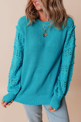 Turquoise Ruffled Eyelet Bubble Sleeve Sweater Turquoise 55%Acrylic+45%Cotton Sweaters JT's Designer Fashion