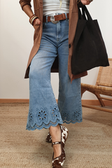Dusk Blue Embroidered Cropped Wide Leg High Waist Jeans Jeans JT's Designer Fashion