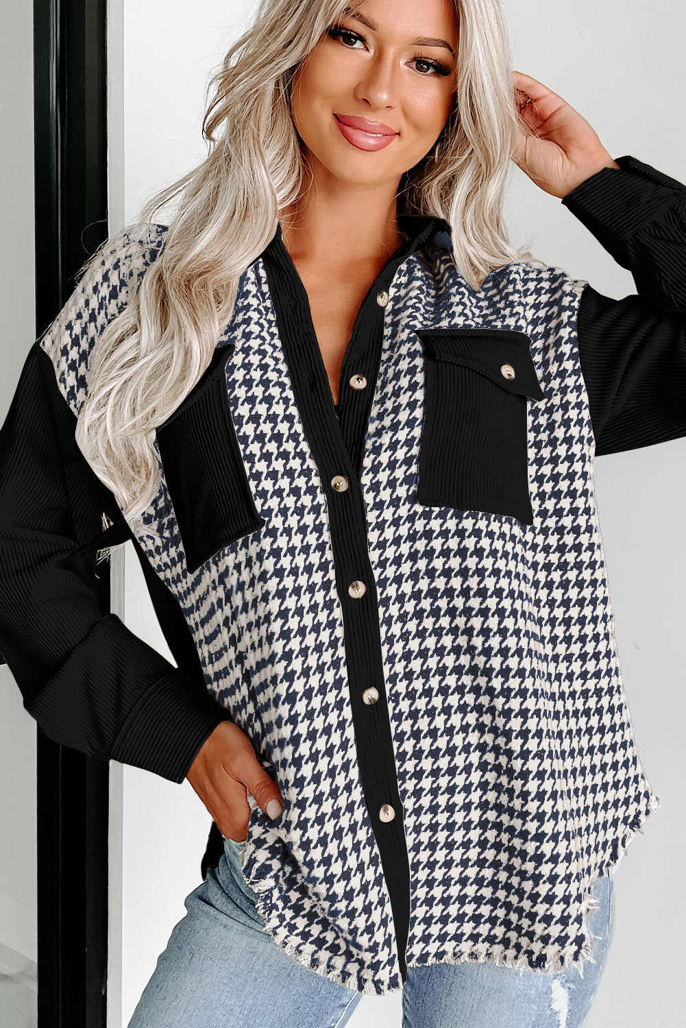 Black Houndstooth Corduroy Patchwork Flap Pocket Shacket Jackets JT's Designer Fashion