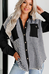 Black Houndstooth Corduroy Patchwork Flap Pocket Shacket Jackets JT's Designer Fashion