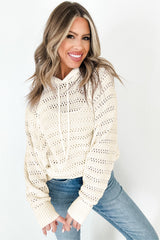White Pointelle Knit Raglan Sleeve Hooded Sweater Sweaters JT's Designer Fashion