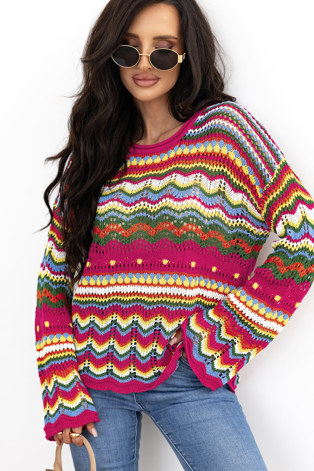Rose Red Colorblock Striped Hollowed Knit Loose Sleeve Sweater Sweaters JT's Designer Fashion