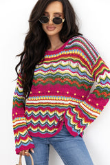 Rose Red Colorblock Striped Hollowed Knit Loose Sleeve Sweater Sweaters JT's Designer Fashion