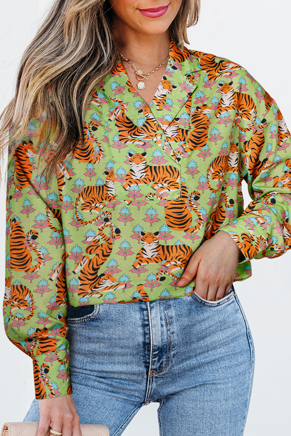 Green Tiger Floral Printed Collared V Neck Casual Shirt Blouses & Shirts JT's Designer Fashion