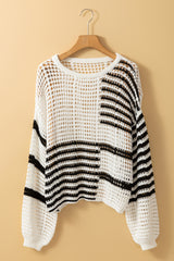 White Stripe Contrast Striped Crochet Puff Sleeve Sweater Sweaters JT's Designer Fashion