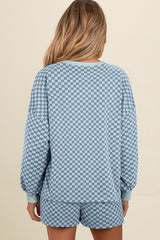 Sky Blue Checkerboard Long Sleeve Pullover and Shorts Set Short Sets JT's Designer Fashion