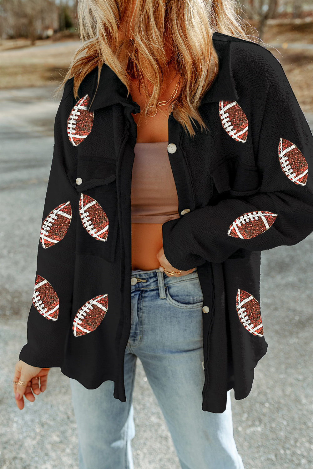 Black Sequined Rugby Flap Pockets Buttoned Shacket Black 90%Cotton+10%Polyester Jackets JT's Designer Fashion
