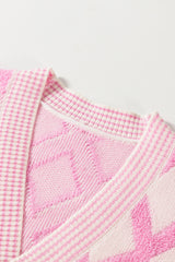 Pink Rhombus Pattern Knit Open Front Pocketed Cardigans Cardigans JT's Designer Fashion