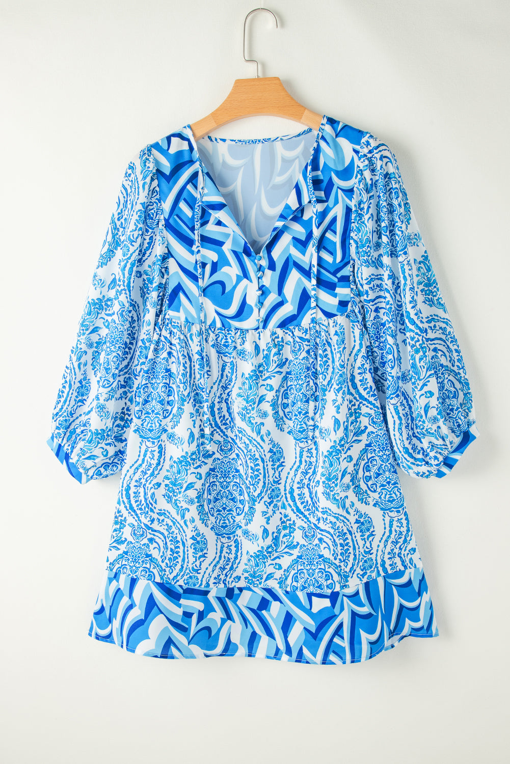 Sky Blue Bohemian Print Puff Sleeve Tied V Neck Flared Mini Dress Mini Dresses JT's Designer Fashion