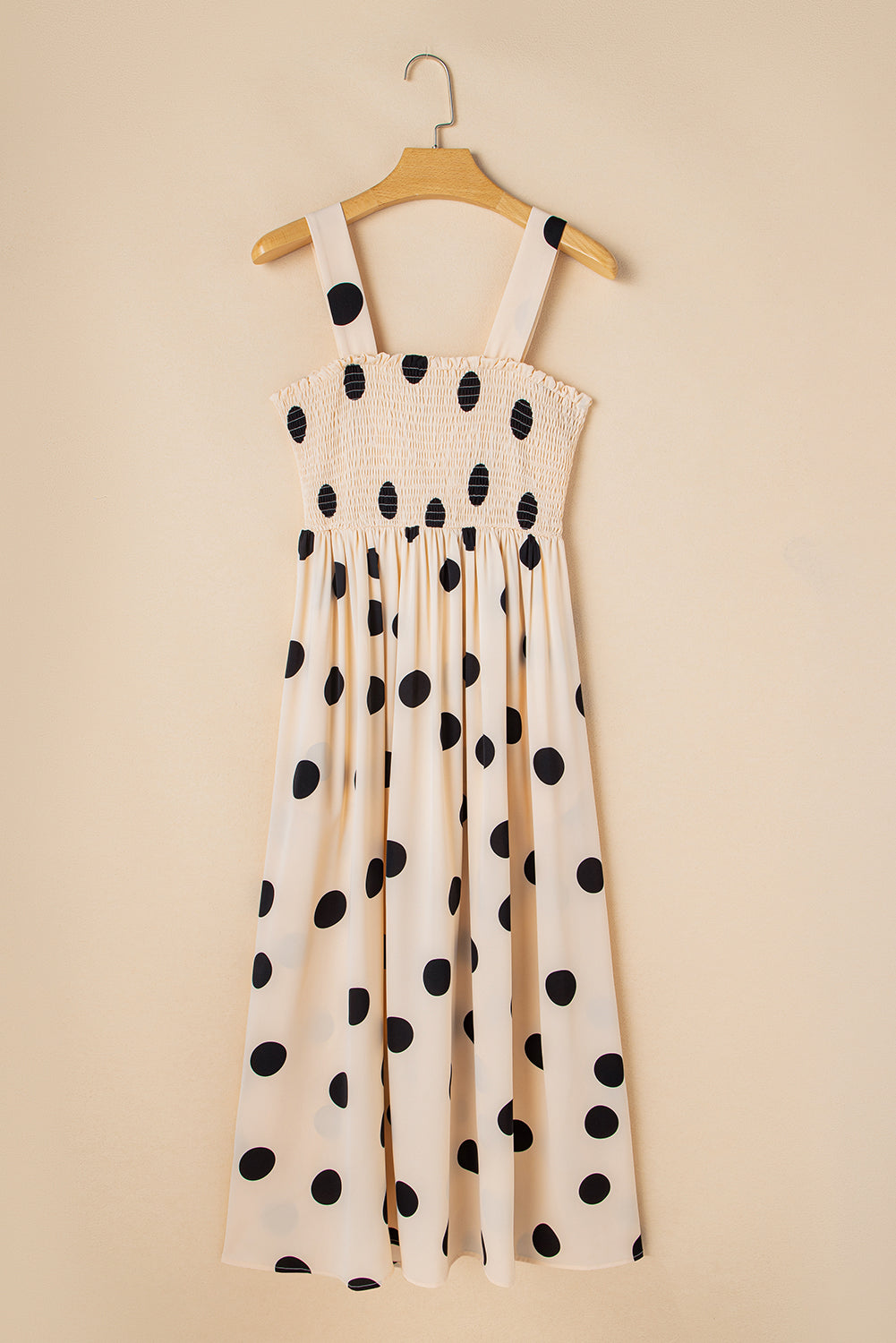 Oatmeal Polka Dot Smocked Fit Flared Sleeveless Long Dress Maxi Dresses JT's Designer Fashion