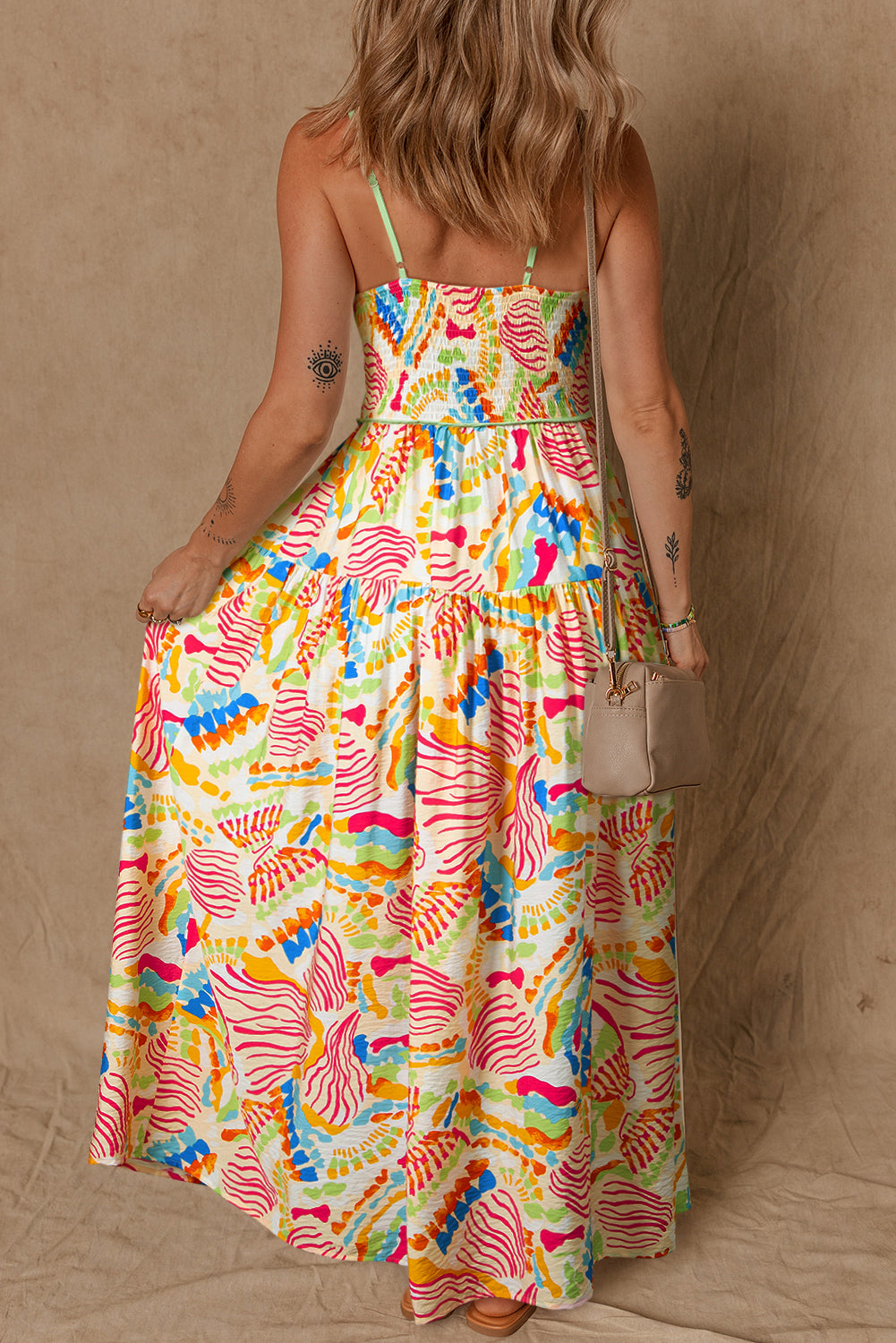 Orange Abstract Print Spaghetti Strap Piping Detail Long Dres Maxi Dresses JT's Designer Fashion