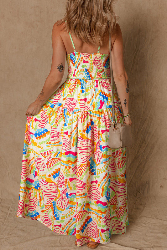 Orange Abstract Print Spaghetti Strap Piping Detail Long Dres Maxi Dresses JT's Designer Fashion