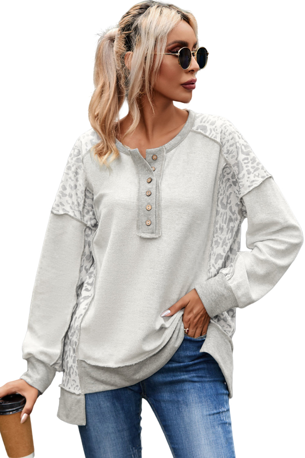 Gray Leopard Patchwork Exposed Seam Buttoned Neck Sweatshirt Sweatshirts & Hoodies JT's Designer Fashion