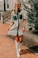 Green Patch Pockets Button Down Short Puff Sleeve Dress Mini Dresses JT's Designer Fashion