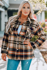 Orange Geometric Plaid Print Pocketed Shacket Plaid Shackets JT's Designer Fashion