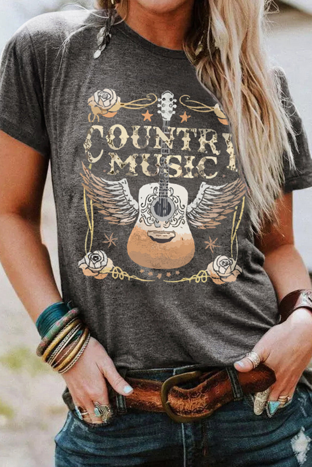 Gray COUNTRY MUSIC Guitar Graphic Print Crew Neck T Shirt Gray 95%Polyester+5%Elastane Graphic Tees JT's Designer Fashion