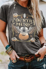 Gray COUNTRY MUSIC Guitar Graphic Print Crew Neck T Shirt Gray 95%Polyester+5%Elastane Graphic Tees JT's Designer Fashion
