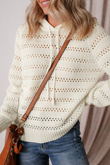White Pointelle Knit Raglan Sleeve Hooded Sweater Sweaters JT's Designer Fashion
