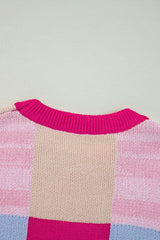 Rose Red Color Block Drop Shoulder Crewneck Loose Fit Sweater Sweaters JT's Designer Fashion
